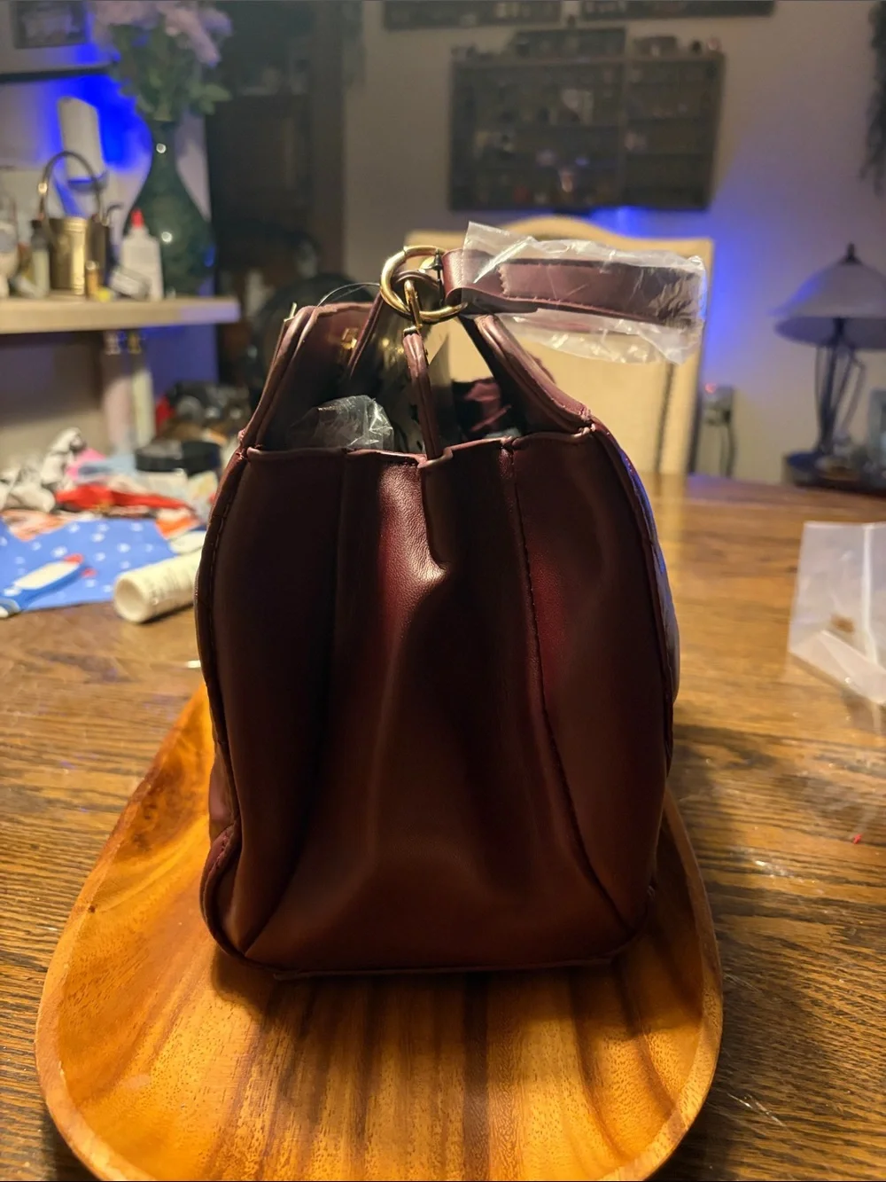 Badgley Mischka Quilted Satchel - Burgundy with Gold Hardware